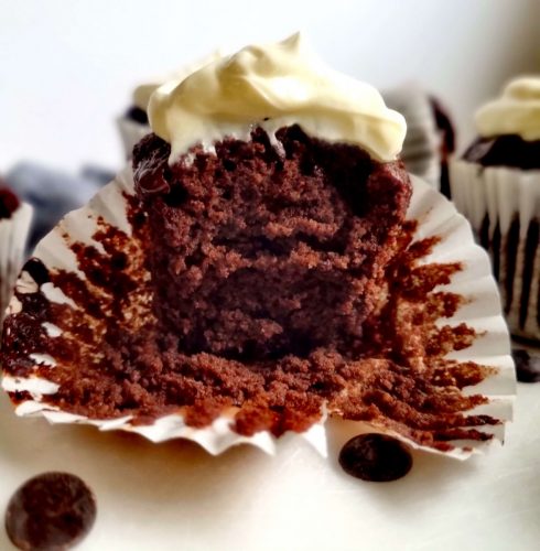 low carb double chocolate muffin bitten into