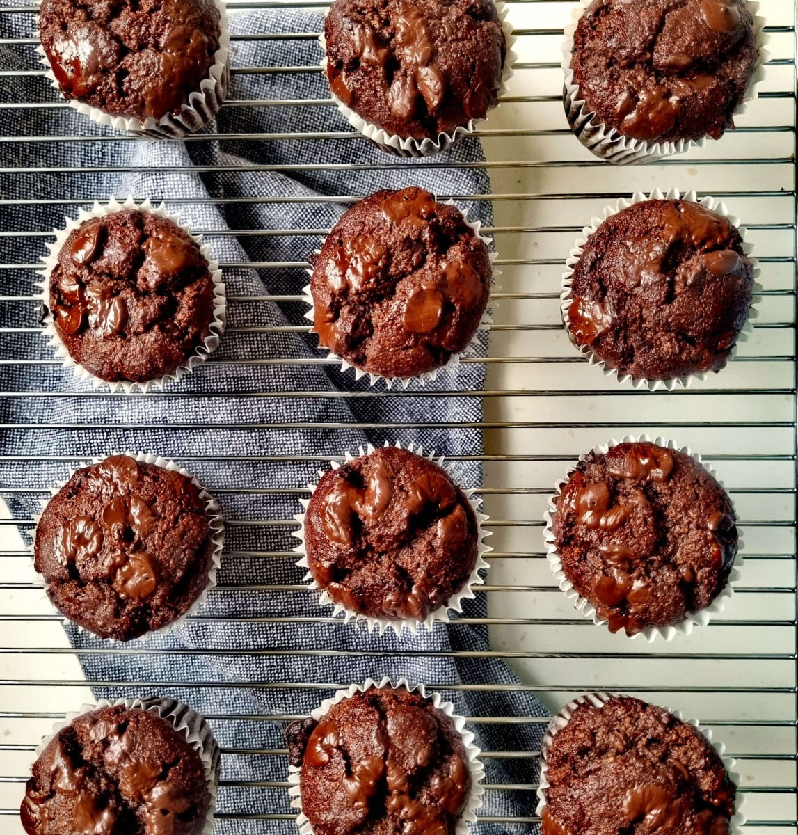 low carb double chocolate muffins on a cooling tray