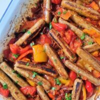 Harissa sausage tray bake with vegetarian sausages
