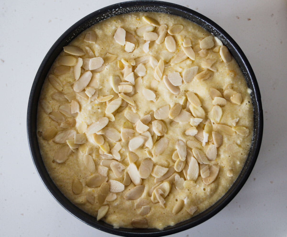 Uncooked Flourless Almond Orange Cake in tin