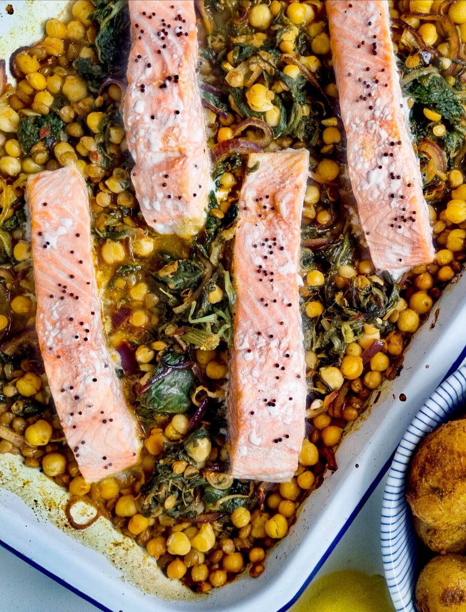 baking tray with Indian Spiced Baked Salmon