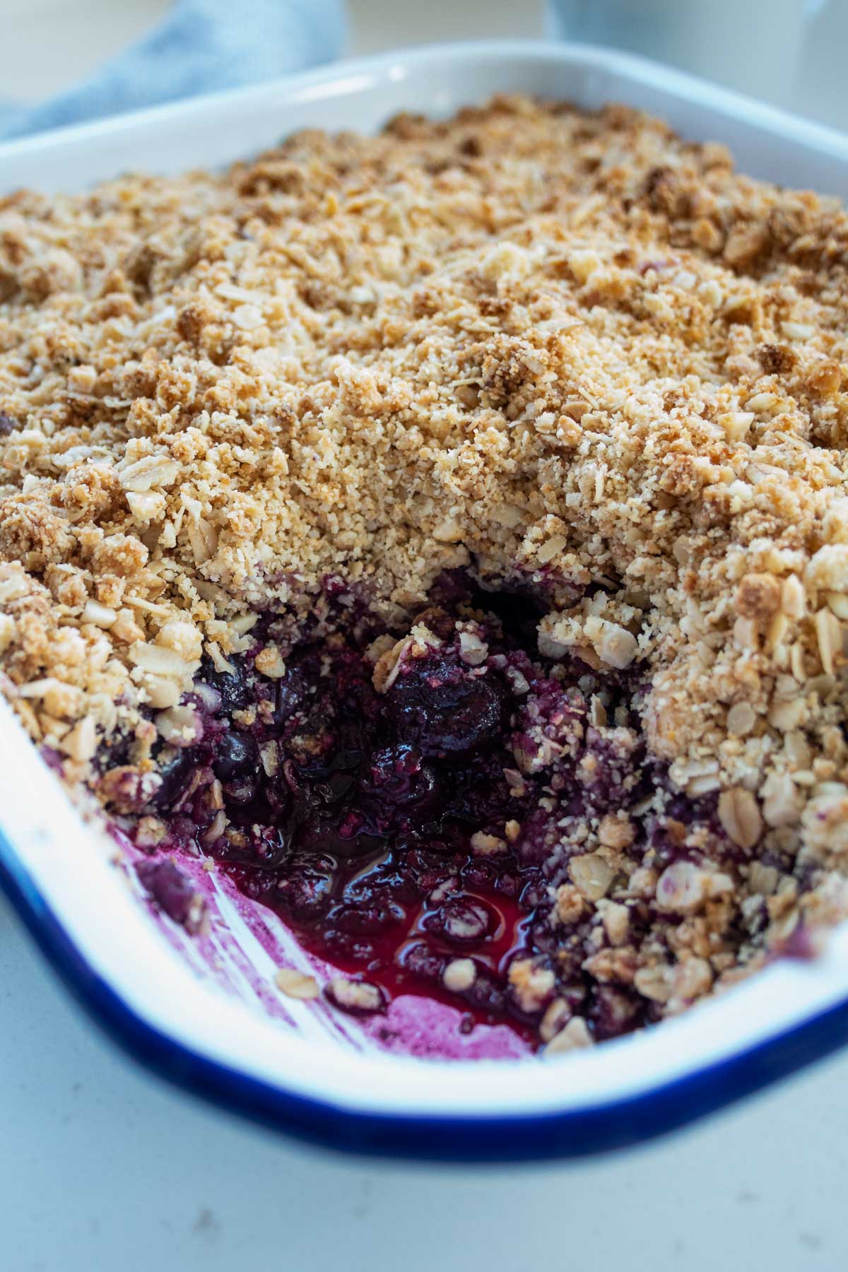 healthy berry crumble in an oven dish