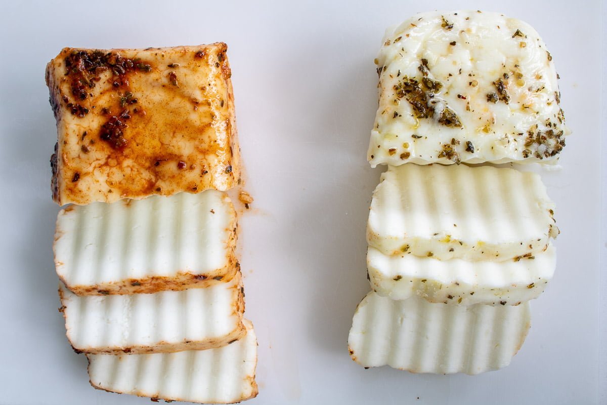 2 greek style marinated halloumi blocks with slices cut