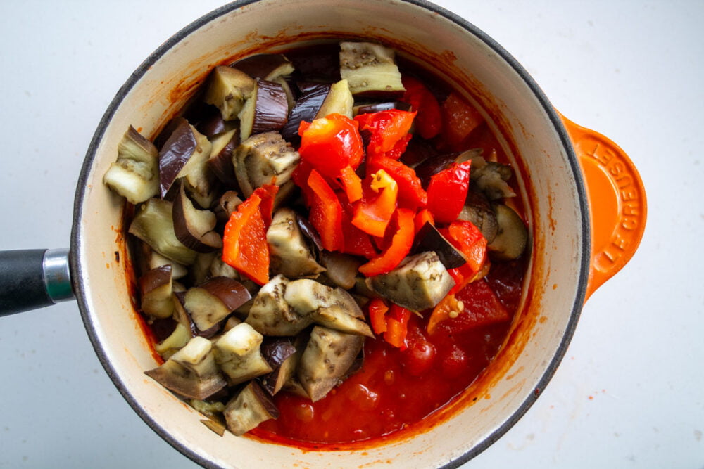 roasted vegetables in a saucepan