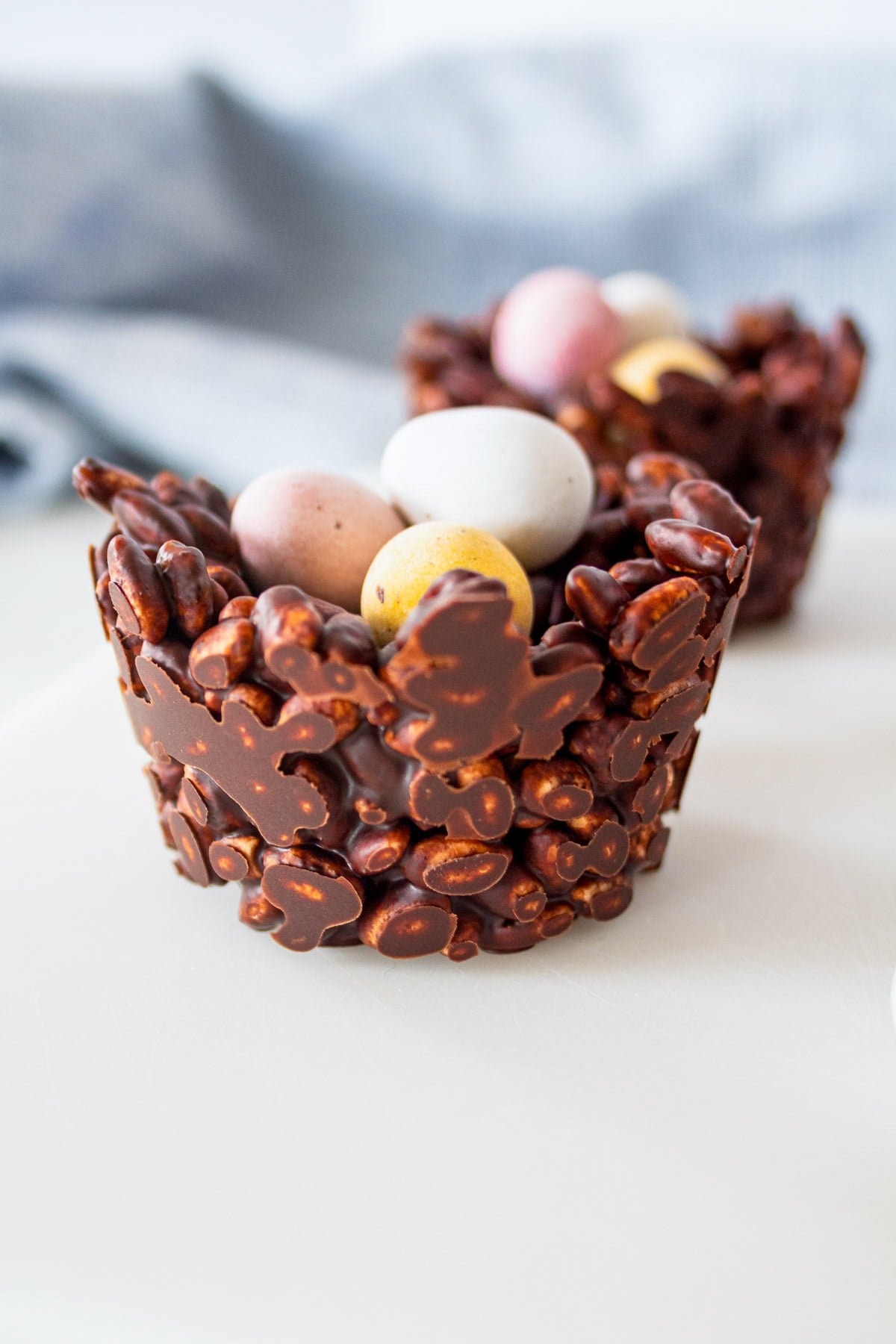 closeup of a blood sugar friendly rice krispie easter treat with mini eggs