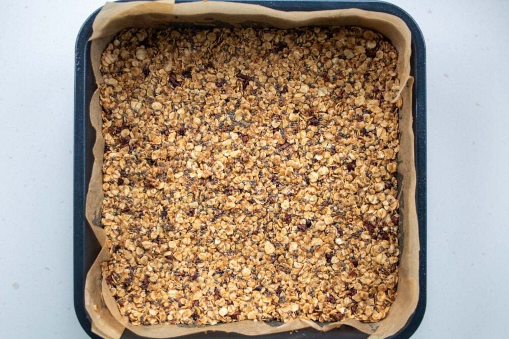 oat mixture layer in a square tin