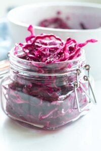 pickled red cabbage in a mason jar