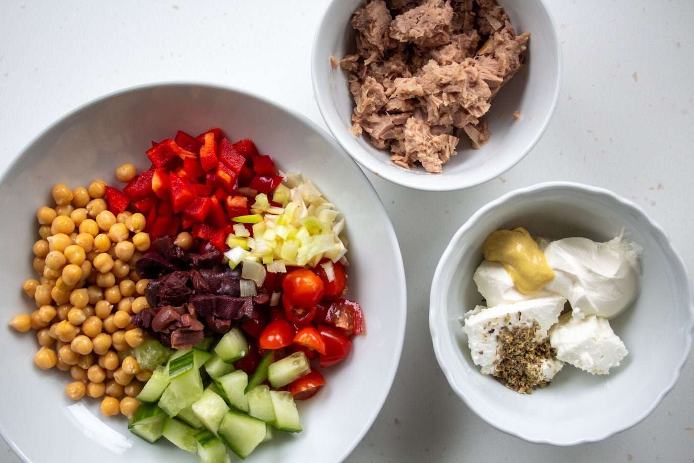 Ingredients for tuna feta salad with olives