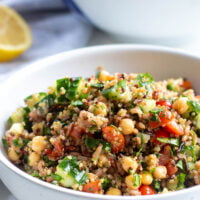 colourful brown rice and quinoa salad in a bowl