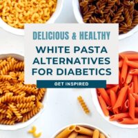 feature picture for delicious and healthy white pasta alternatives for diabetics with bowls of different pasta substitutes in the background