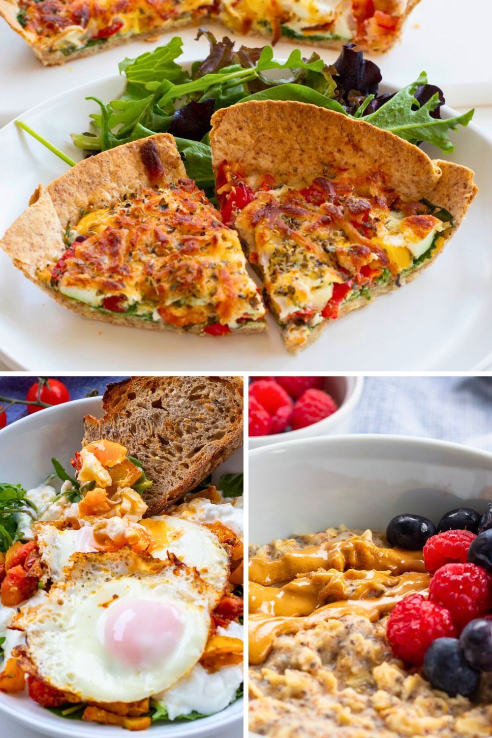 Collage of diabetes-friendly breakfast recipes including slices of a healthy breakfast pizza , a healthy bowl of porridge topped with nut butter and berries, and a high-protien breakfast bowl with eggs, cooked veggies and a slice of toasted sourdough all great for blood sugar balance and healthy mornings.