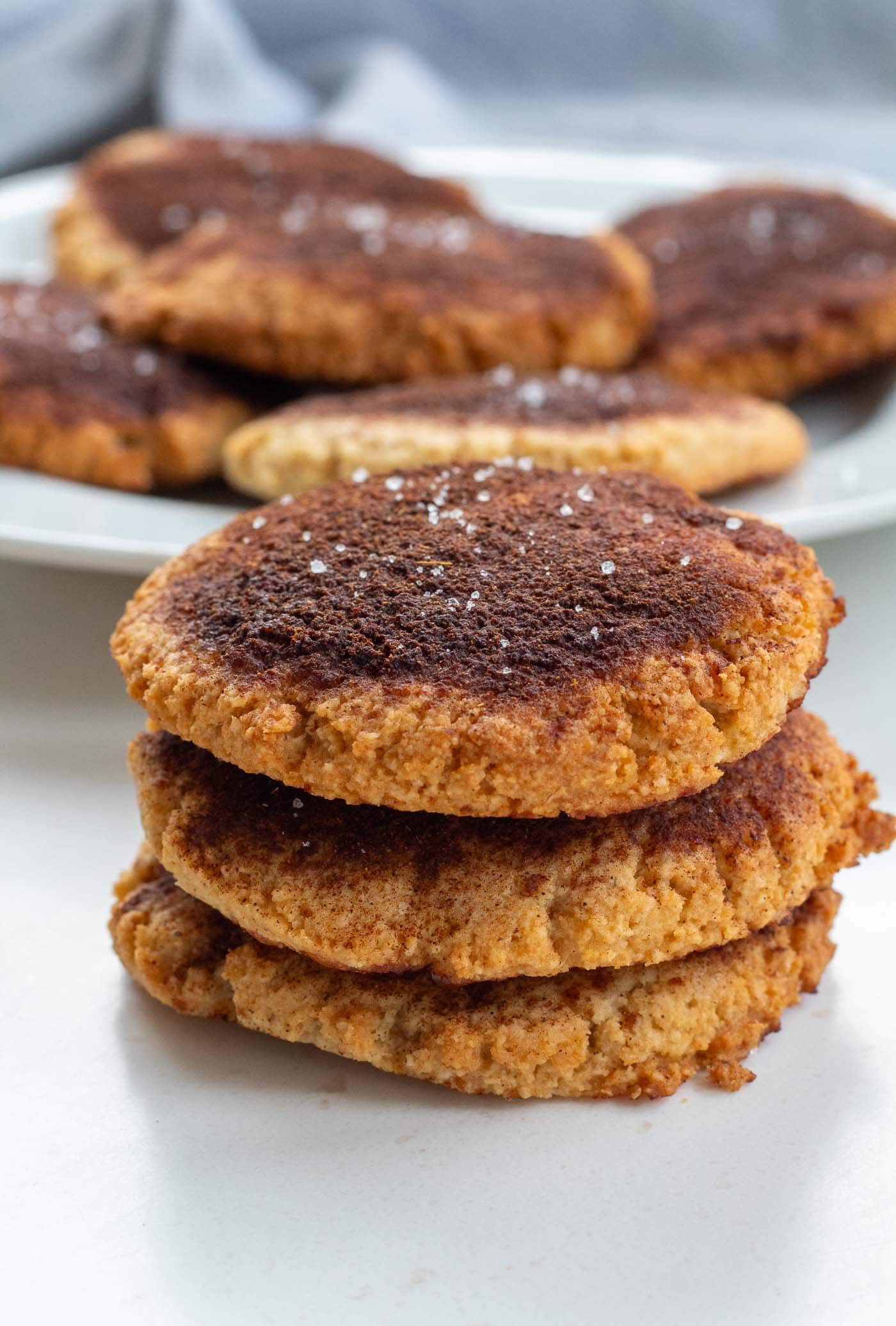 Stack of homemade low-carb cinnamon cookies with a slightly cracked top and dusting of cinnamon and xylitol. There is a plate of snickerdoodle cookies in the background.