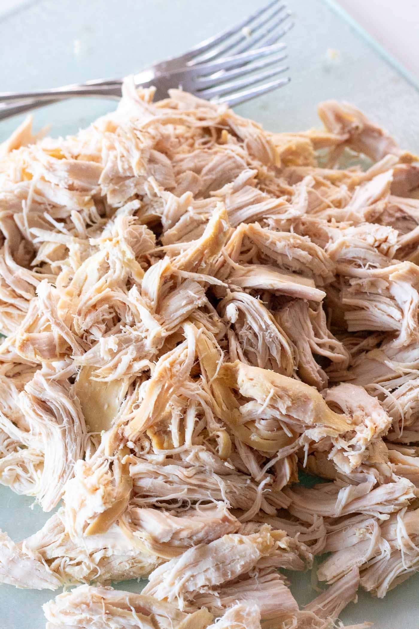Using two forks to shred tender slow cooker chicken into lean, diabetes-friendly protein for balanced meals.