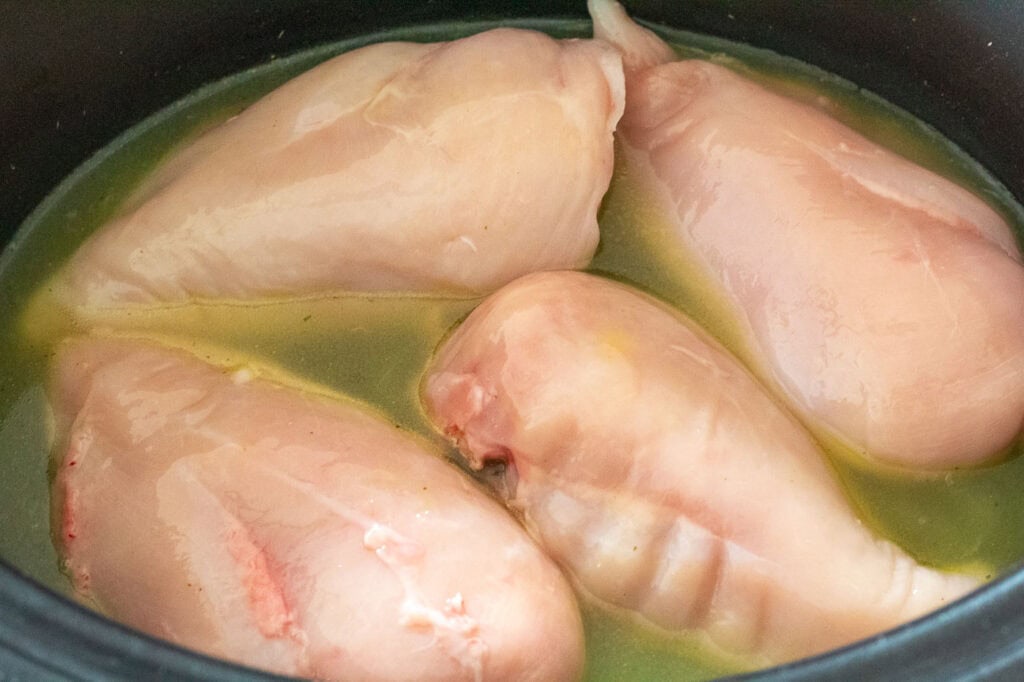 Chicken breasts with stock added to the slow cooker before cooking low and slow.