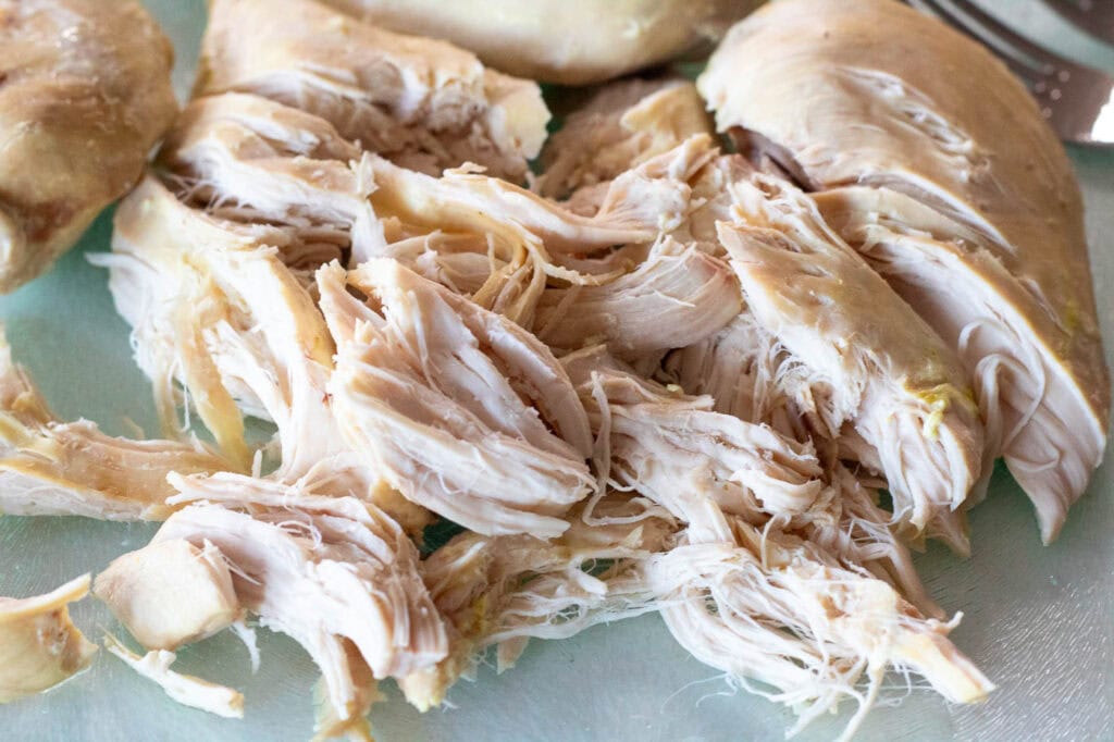 Using two forks to shred tender slow cooker chicken into juicy strands for healthy balanced meals