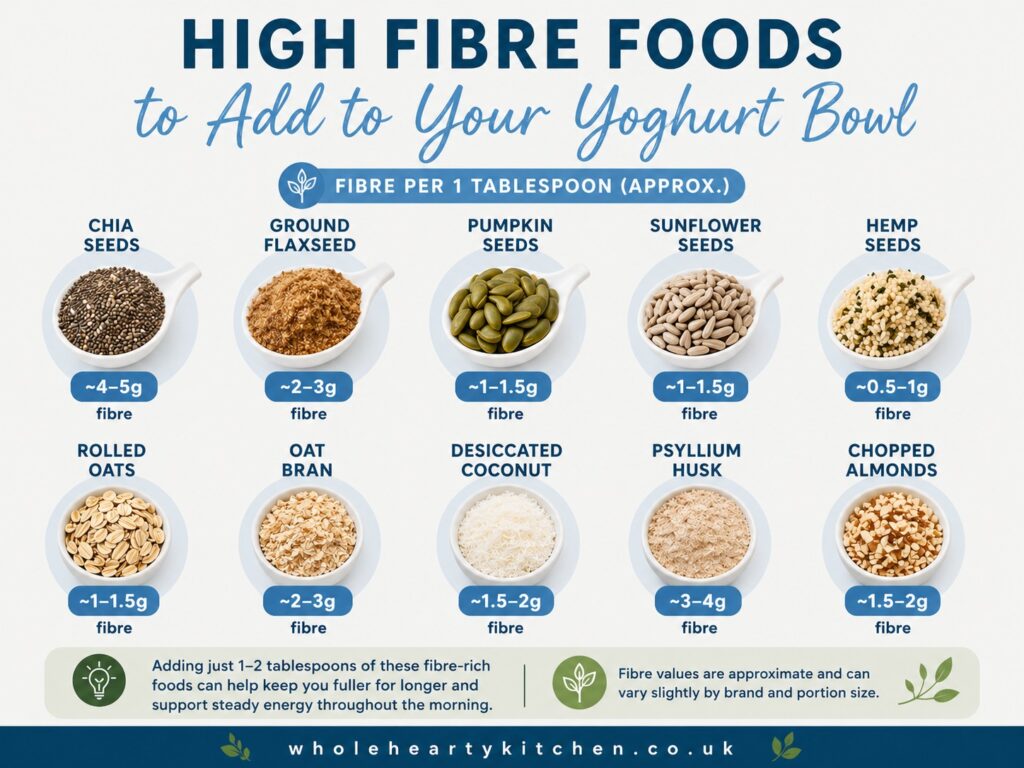 Infographic showing high fibre foods to add to a yoghurt bowl with approximate fibre per tablespoon, including chia seeds, flaxseed, oats, coconut, psyllium husk and nuts, with Whole Hearty Kitchen branding.