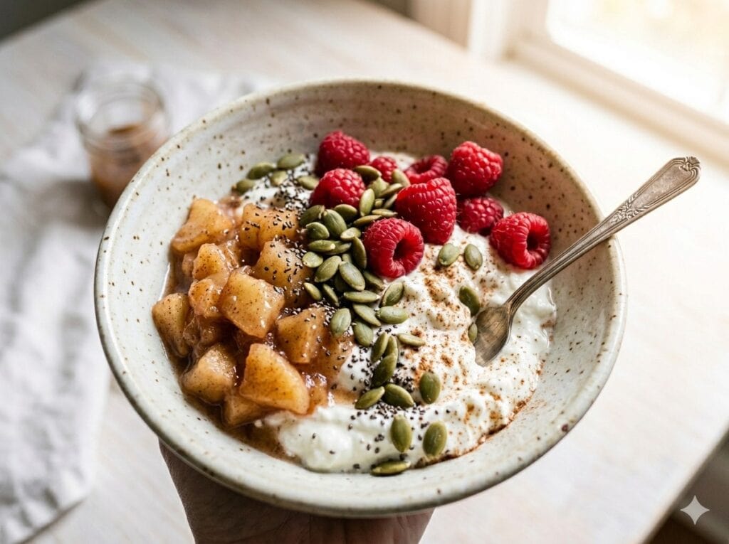 Close-up of a high-protein Greek yoghurt bowl with cinnamon-stewed apple, fresh raspberries, pumpkin seeds, and chia seeds for a healthy breakfast. Shot in natural daylight.